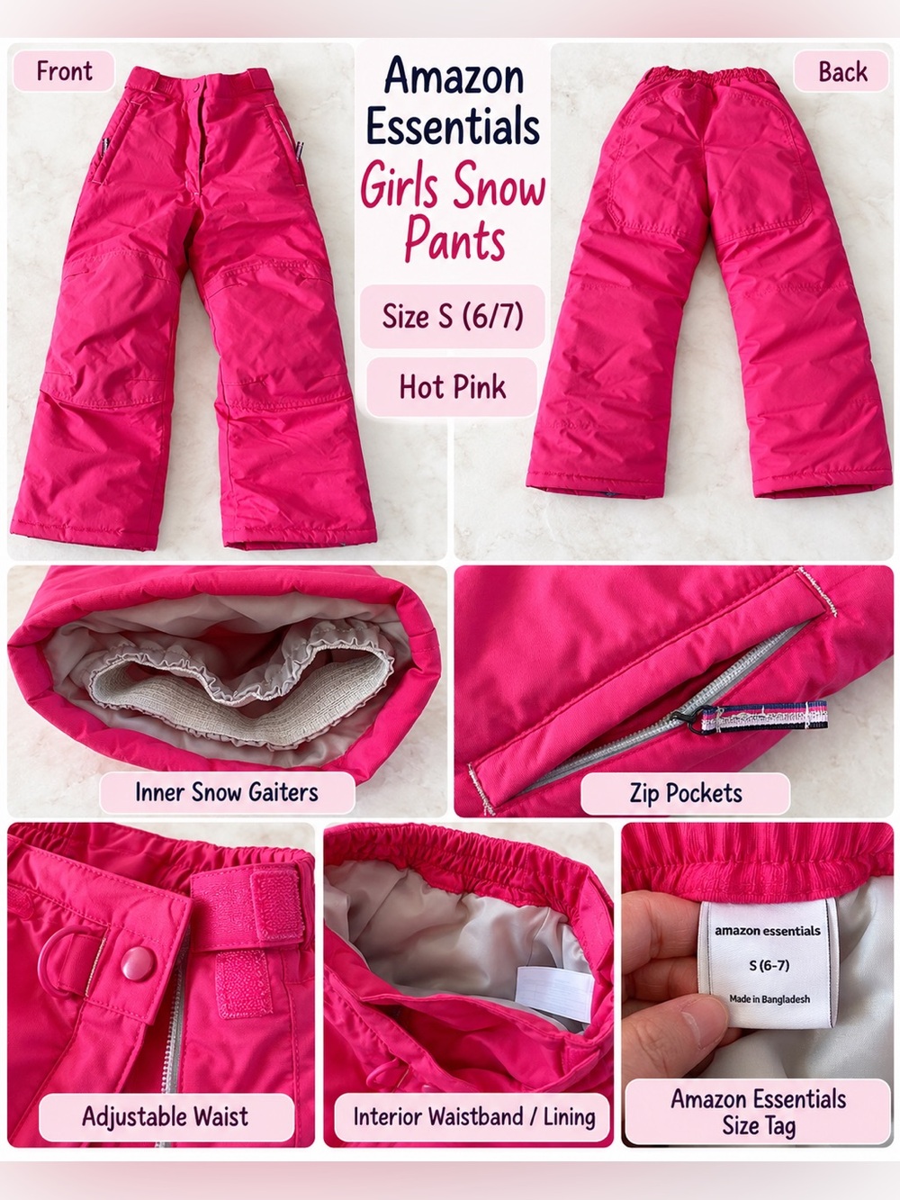 Amazon Essentials Girls Hot Pink Snow Pants Size S 6/7 Insulated Ski Pants